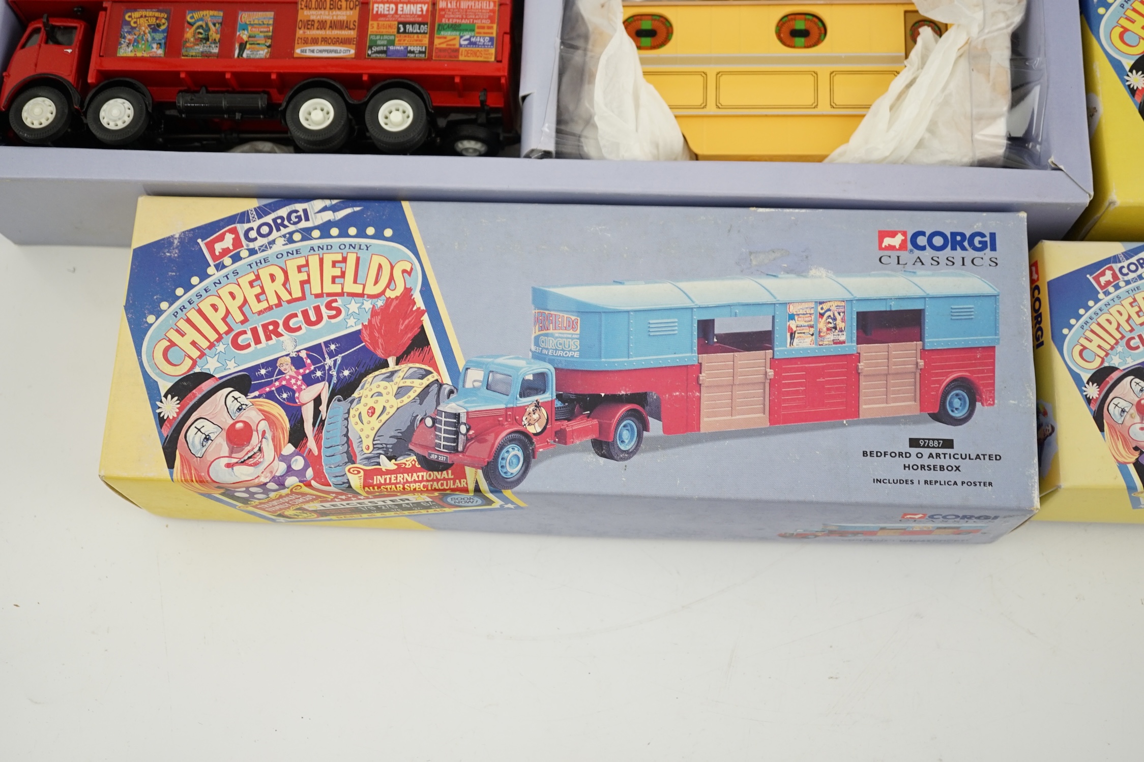 Six boxed Corgi Classics Chipperfields Circus vehicles including; a Scammell Highwayman and trailer, Foden closed pole truck, Bedford horsebox, ERF truck, etc.